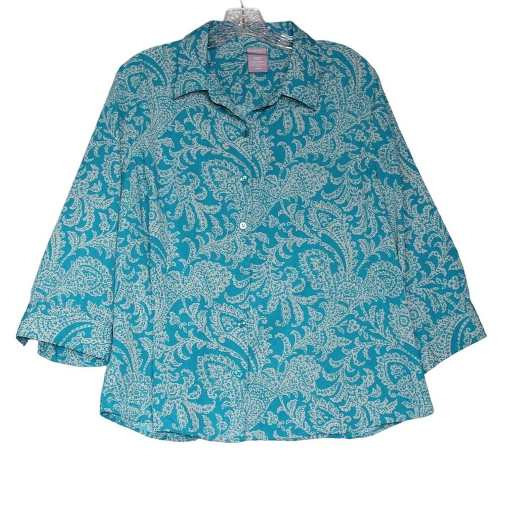 Laura‎ Scott Petite XL Women's Paisley Print Blouse Button Up 3/4 Sleeve